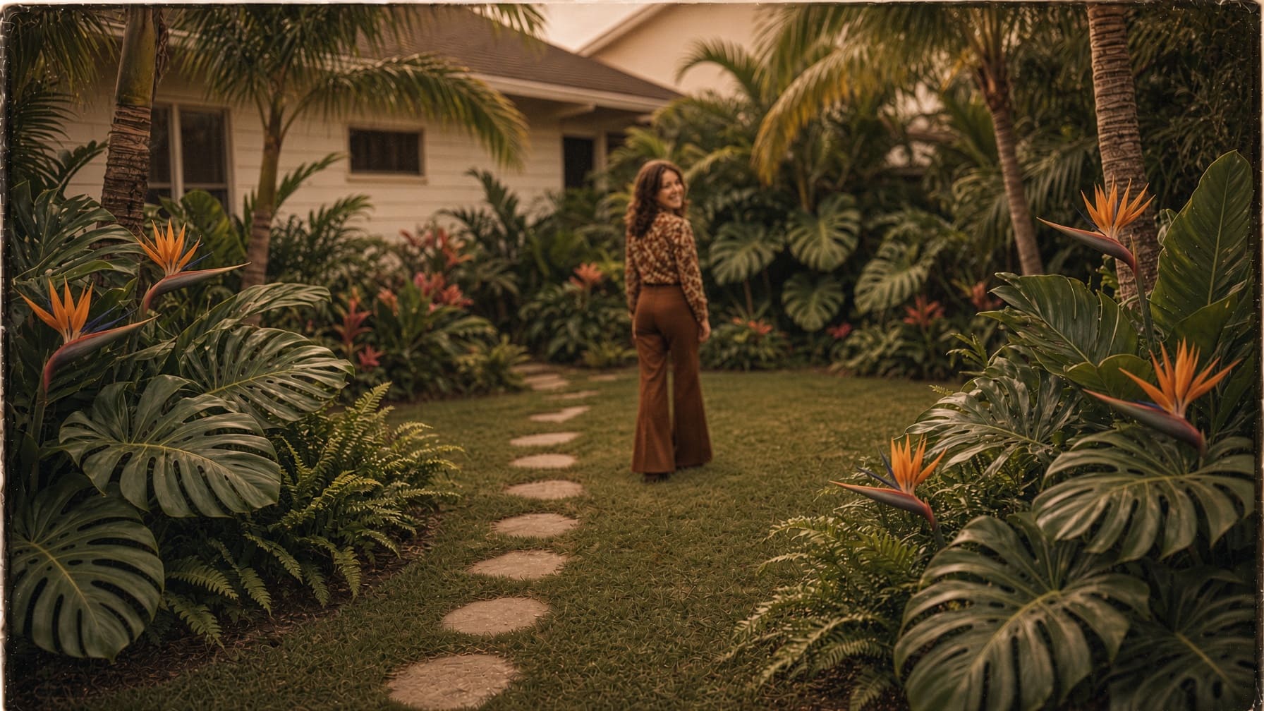 Woman walking through a garden and looking back over her shoulder, evoking the timing window of menopause care