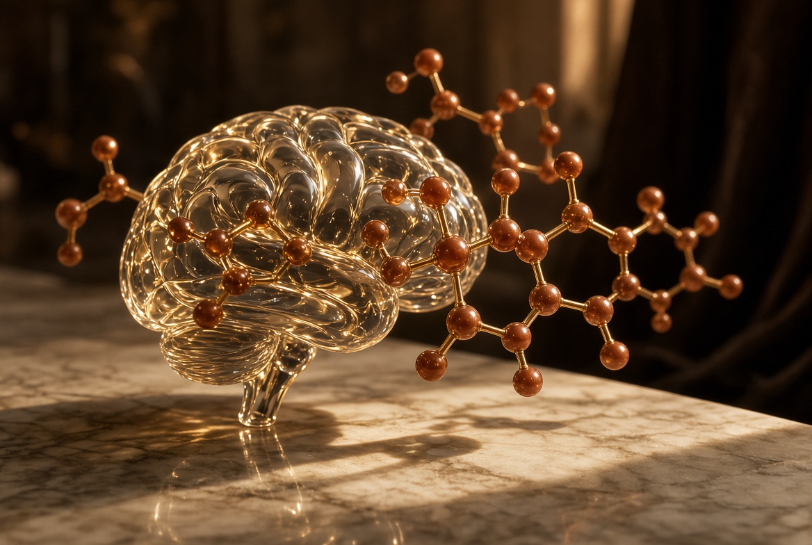 Illustration of a human brain with glowing neural pathways representing cellular energy and aging
