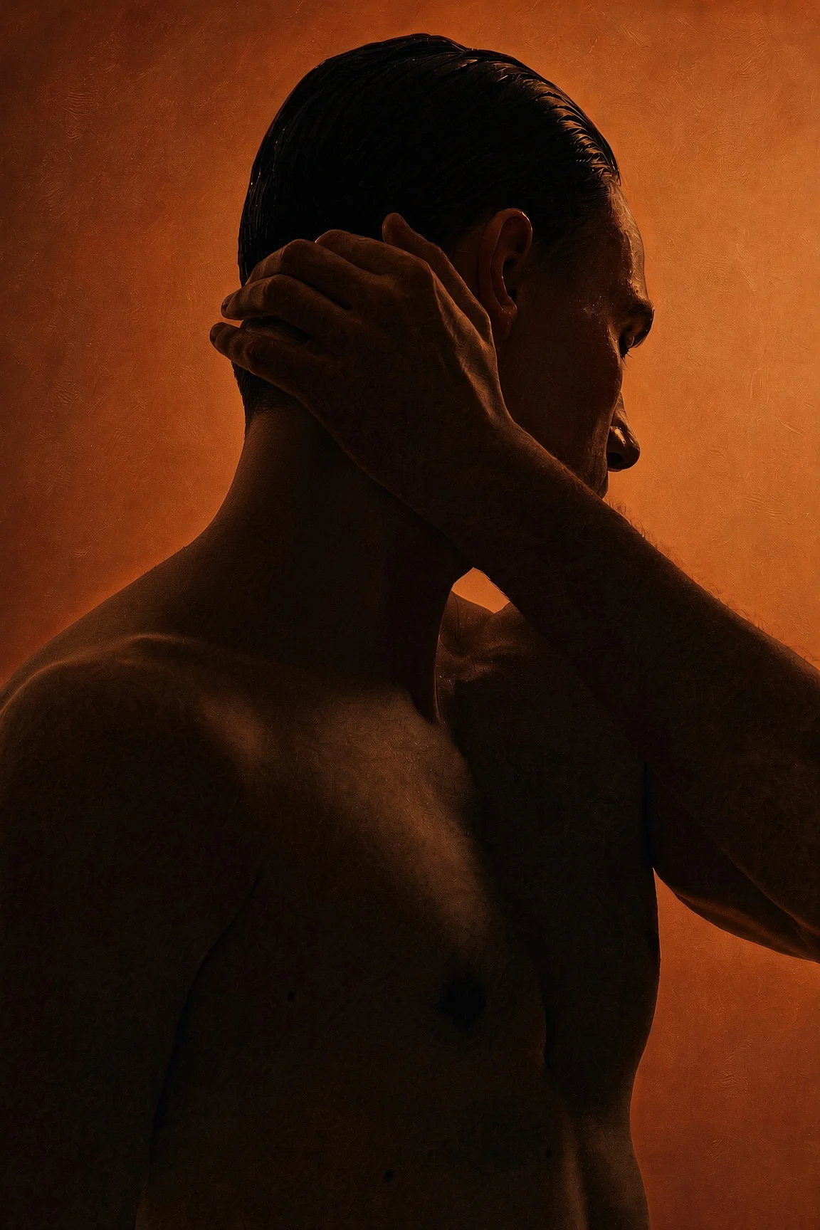 Silhouette of a shirtless man in profile with one hand resting behind his head, against a textured warm orange background.